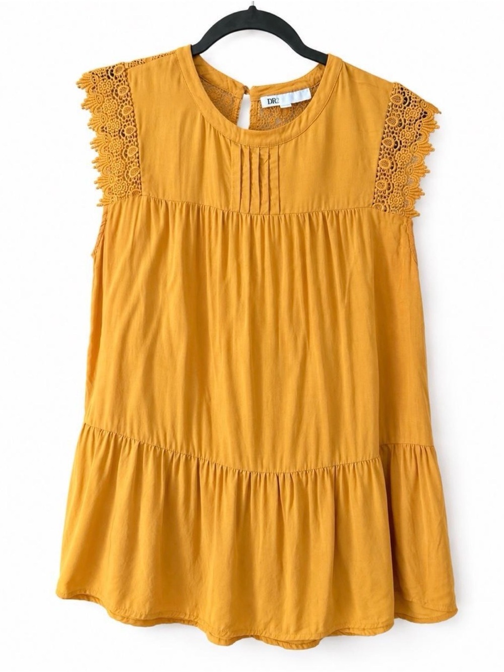 DR2 Mustard Crochet Cap-Sleeve Tiered Blouse